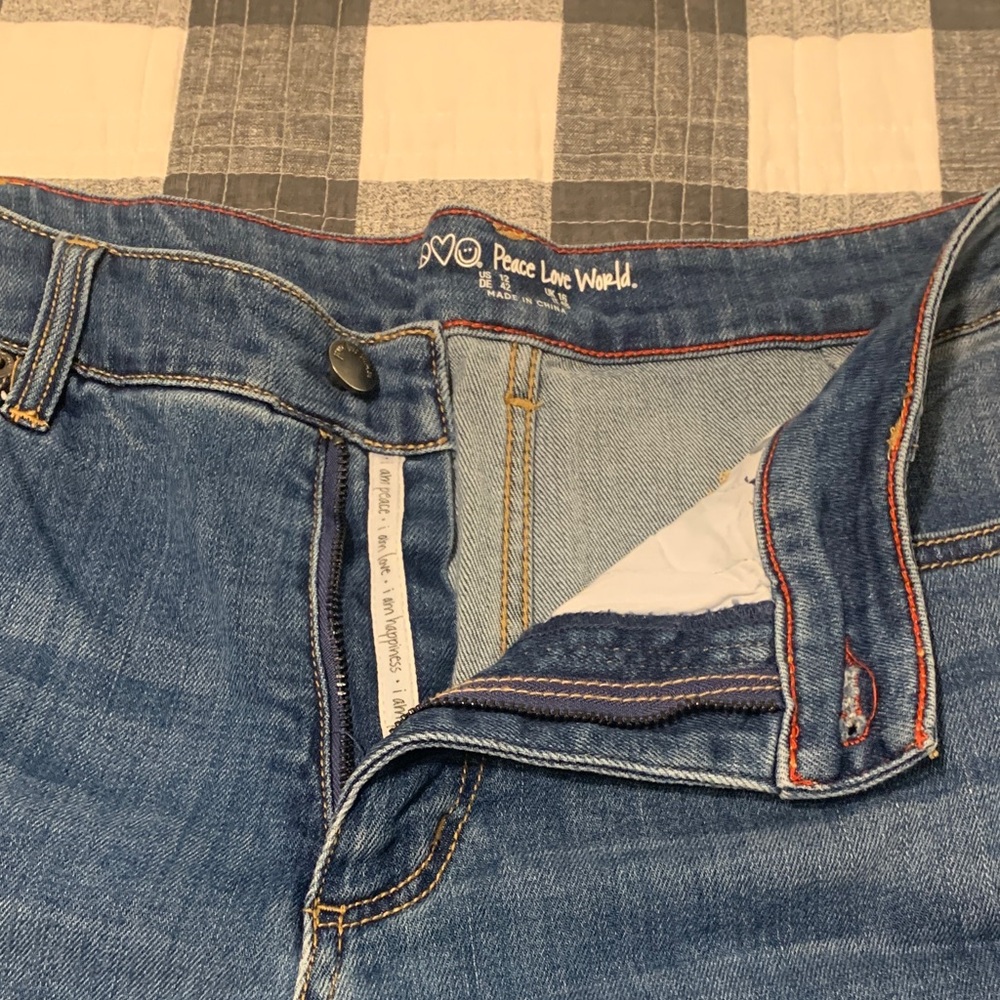 Peace Love World Wide Leg Bell bottoms Denim Jeans with Red Stitching